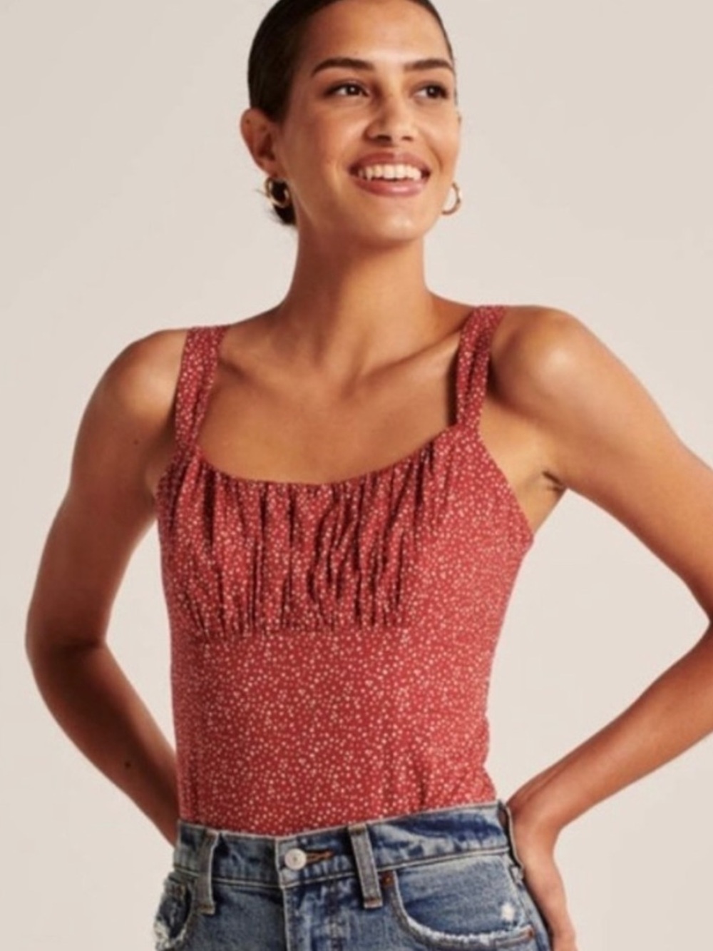 Abercrombie & Fitch 100% Cotton Red Dotted Smocked Bodysuit